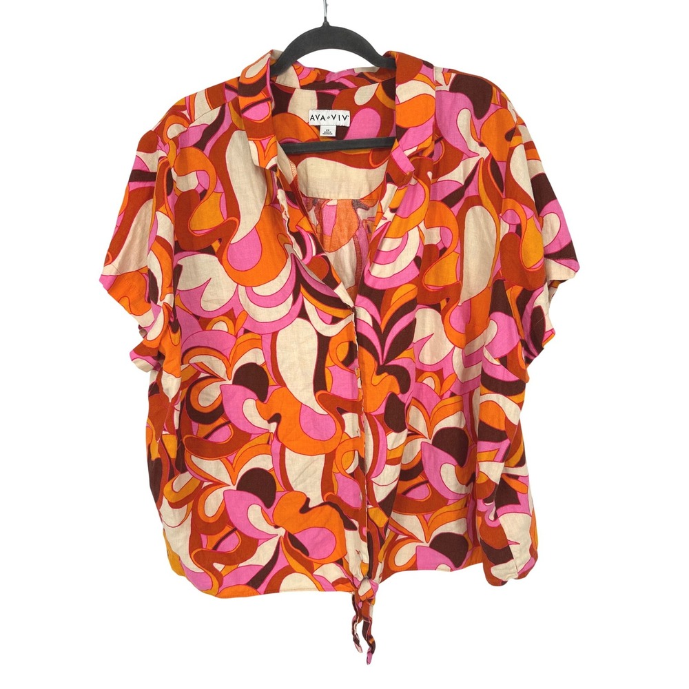 Ava & Viv Linen Blend Floral‎ Top 2X Orange Pink Tie Waist Button Retro Resort